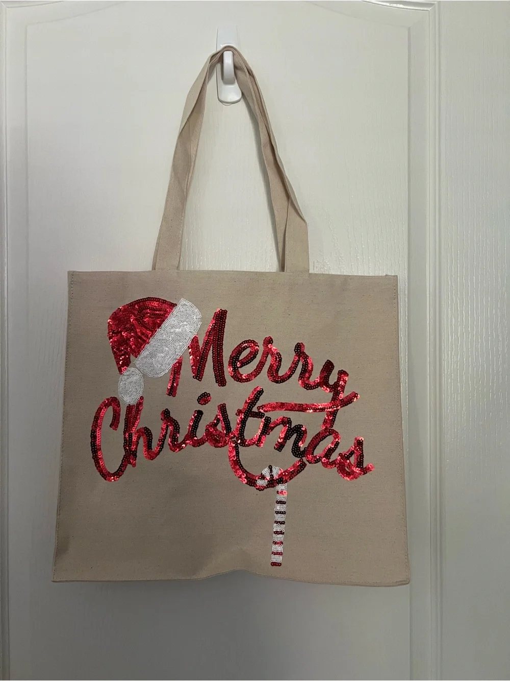 Festive Holiday Sequin Tote Bag - Merry Christmas in Red & White